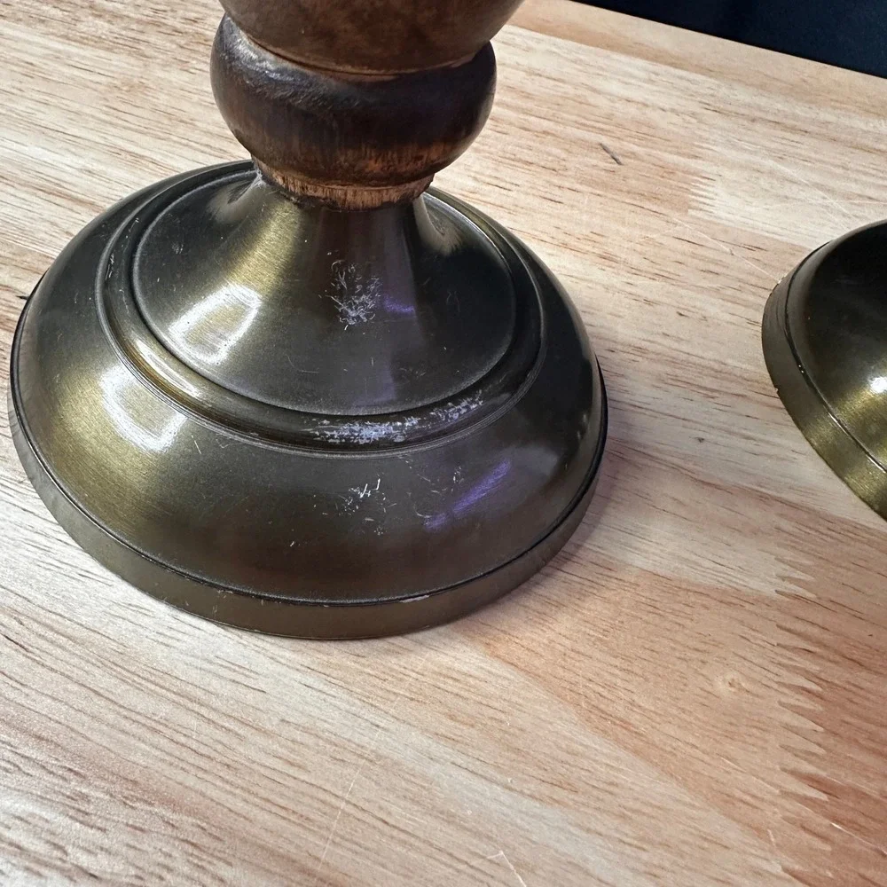Vintage Wood and Brass Pillar Candle Holders Set of 2 Turned Dark Brown 9.5in